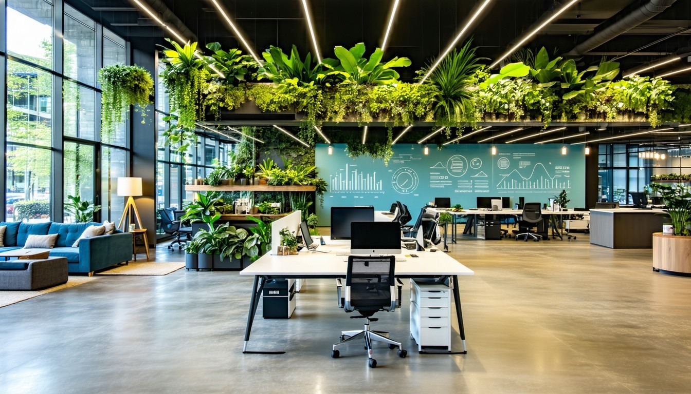 The image showcases a modern office space filled with natural light featuring open workstations with ergonomic chairs and sleek desks Lush green plants are strategically placed throughout the area creating a vibrant and inviting atmosphere In the bac